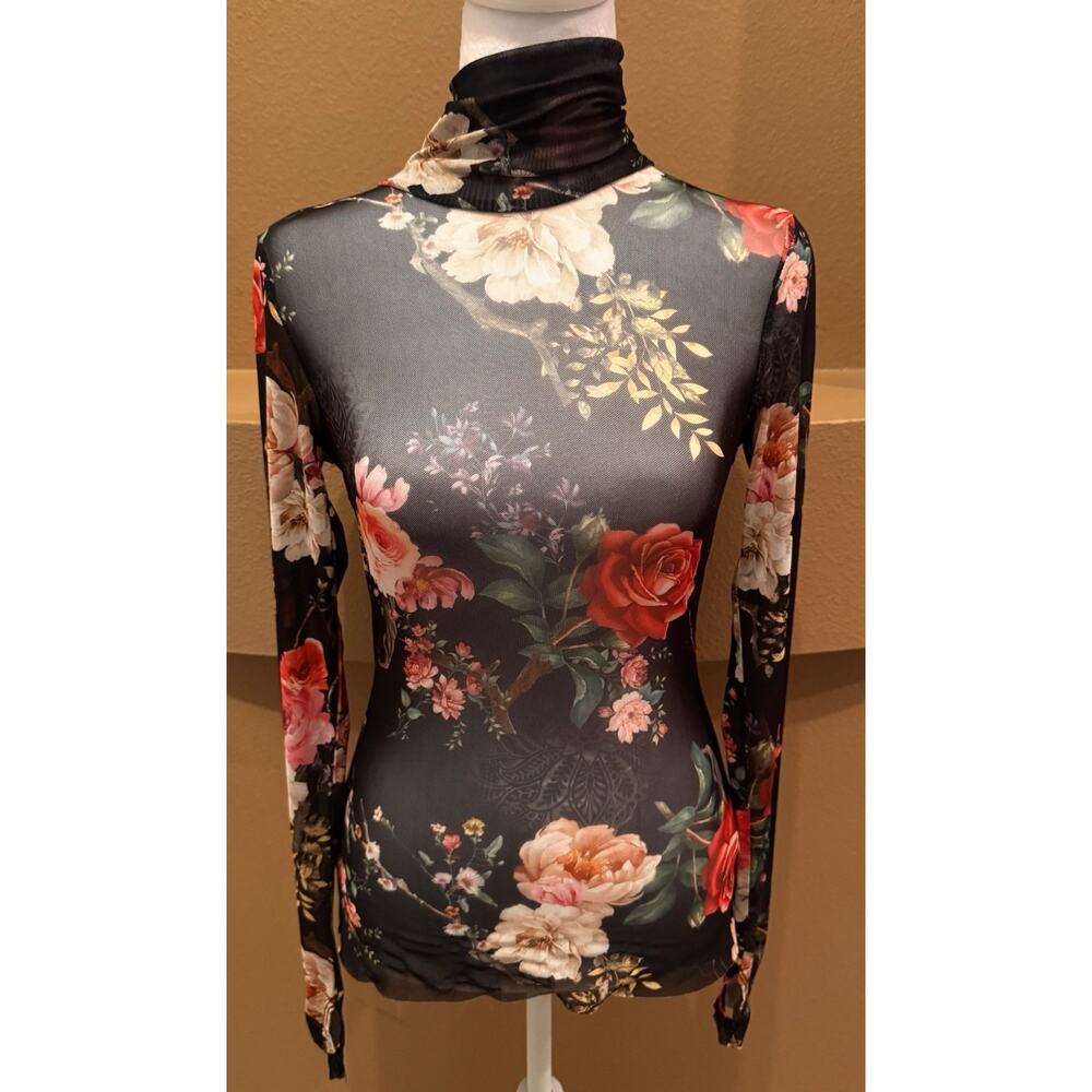 Anthropologie AFRM Black Mesh Mock Neck Floral Print Top Size S